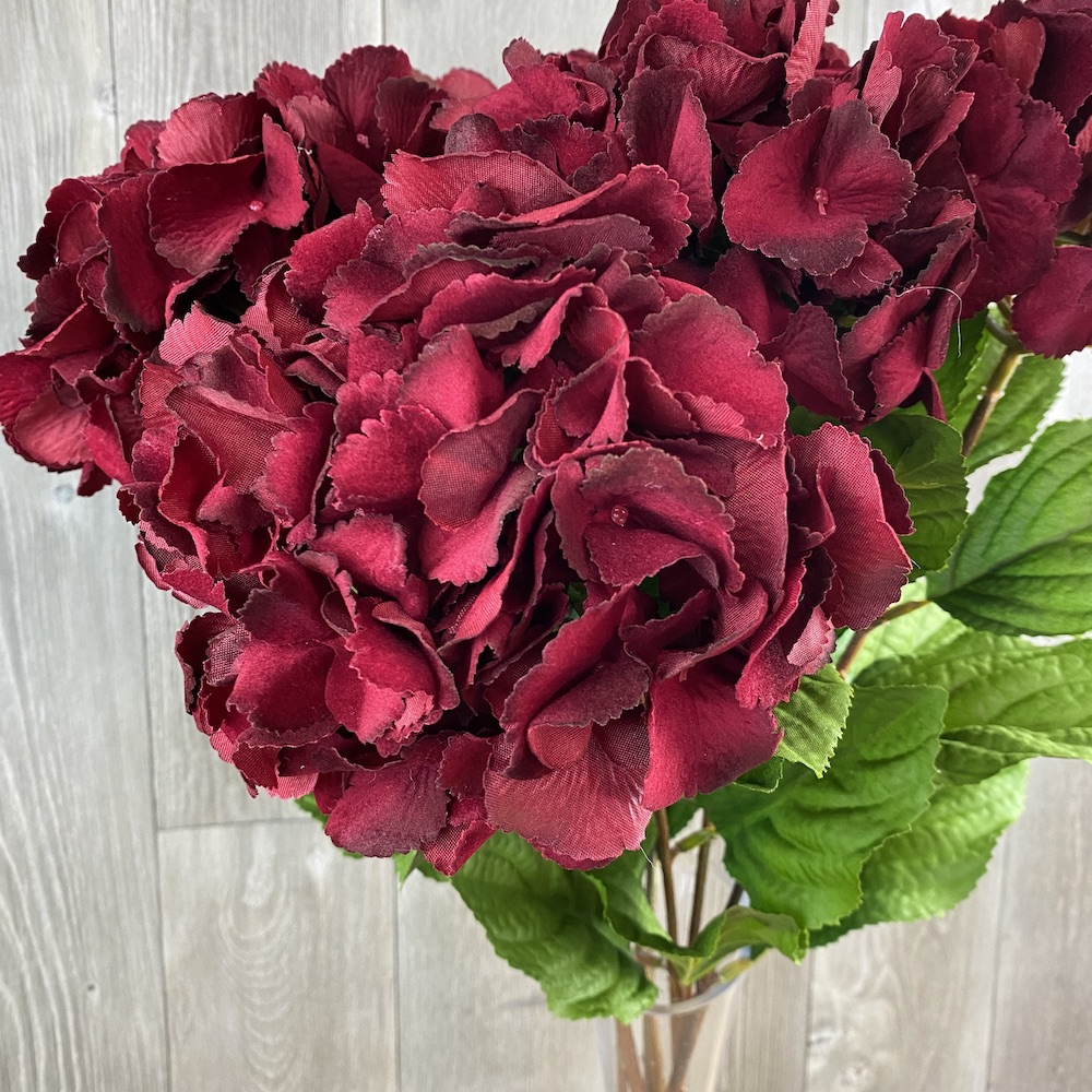 artificial Clumber Red Hydrangea close up